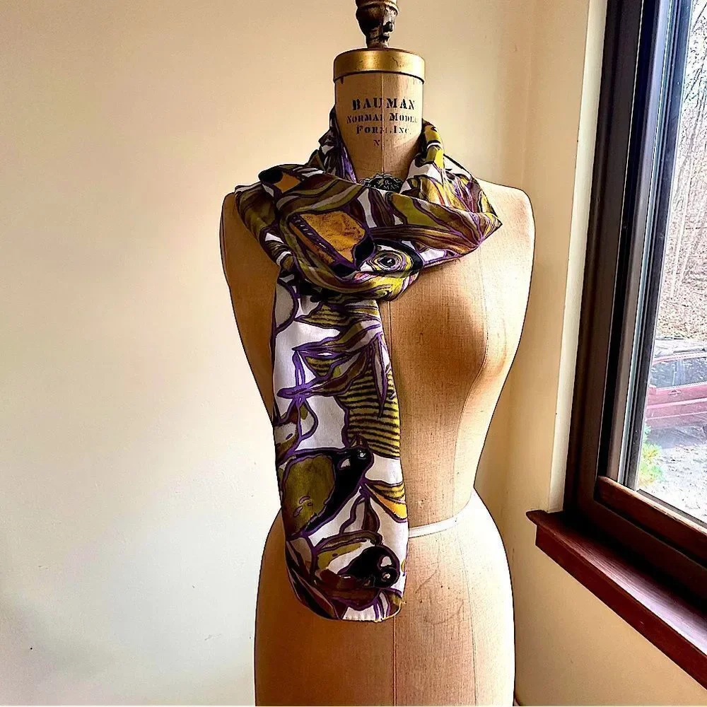Vtg 80s Anne Klein for Vera Neumann Silk Tropical Birds Rectangular neck Scarf